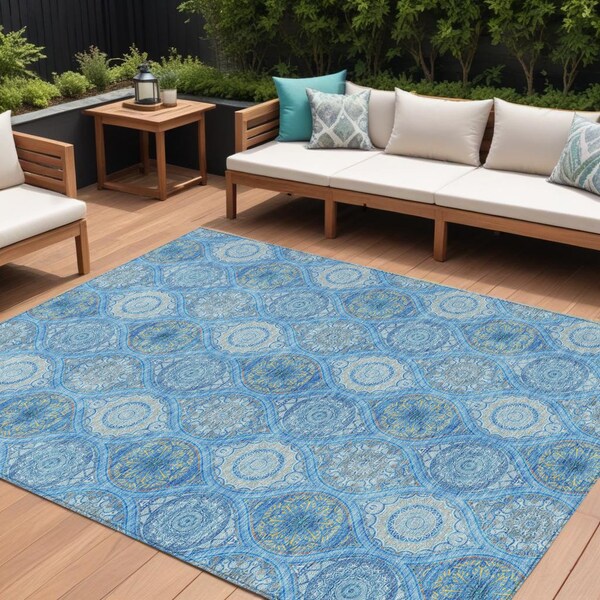 Homeroots 10' X 14' Denim Blue Sky Blue And Ivory Floral Medallion Washable Indoor Outdoor Area Rug 614586 - main