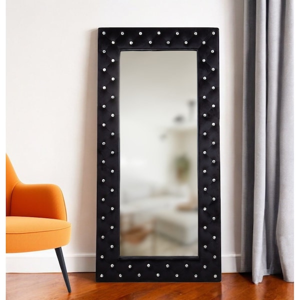 Homeroots 71" Black Wood and Faux Crystal Framed Freestanding and Wall Mount Standing Mirror 569267 - main