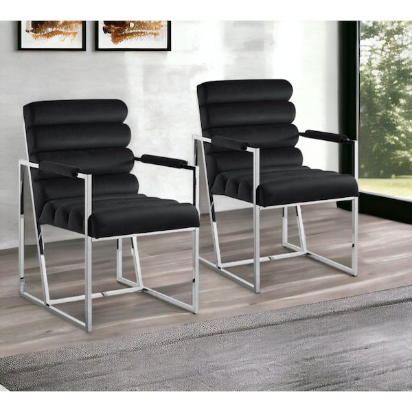 Homeroots Set of Two Tufted Black And Silver Metallic Upholstered Velvet Dining Arm Chairs 545054 - main