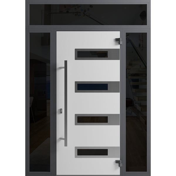Vdomdoors Front Exterior Prehung Steel Door Ronex0131 Black Enamel 2 Sidelight and Transom Window Sidelite RONEX0131EXD-BLK-W14+36+14 X H80+16-LH-I - main