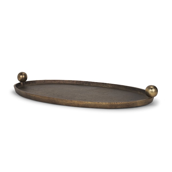 Homeroots 14in Antiqued Gold Metal Hand Finished Oval Vanity Tray With Handles 731278 - main