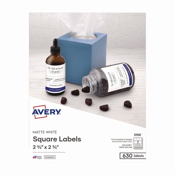 Avery Laser/Inkjet Media Labels, Inkjet/Laser Printers, 2.75" x 2.75", Matte White, 630PK 05196 - main