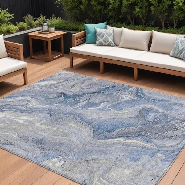 Homeroots 8' X 10' Denim Blue And Ivory Abstract Washable Indoor Outdoor Area Rug 617599 - main