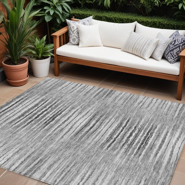 Homeroots 9' X 12' Silver Gray And Charcoal Striped Washable Indoor Outdoor Area Rug 578002 - main