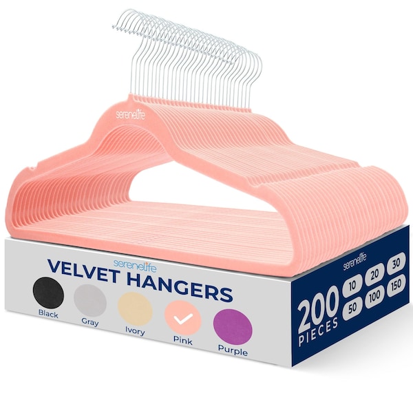 Serenelife Velvet Hangers, Non-Slip Felt Hangers w/ 360 Deg Swivel Hook, Space-Saving, Ultra-Thin, Pink, 200PK SLHVELPIK200 - main