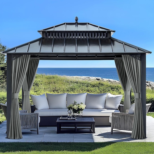 Sunjoy Kingston 12x10 Gazebo, Steel Hardtop Gazebo with Curtain and Netting - Gray Aluminum Posts A10204360100 - main