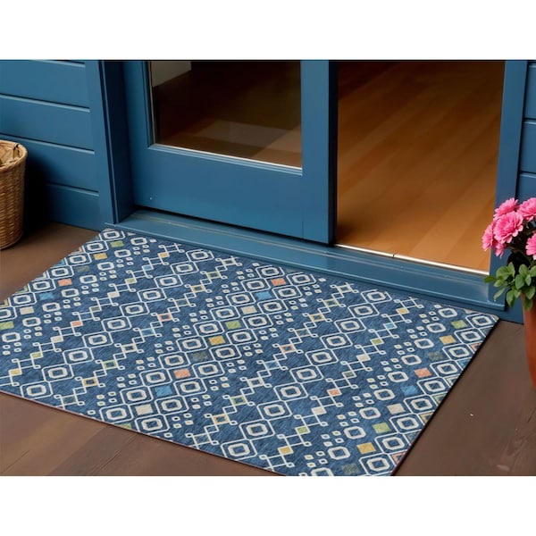 Homeroots 3' X 5' Navy Blue Ivory And Peach Geometric Washable Indoor Outdoor Area Rug 612202 - main