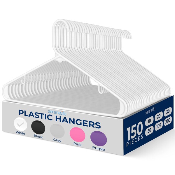 Serenelife Plastic Hangers, Durable, Slip Design, Tubular Hangers, 2 Integrated Strap Hooks, White, 150PK SLHPL150 - main