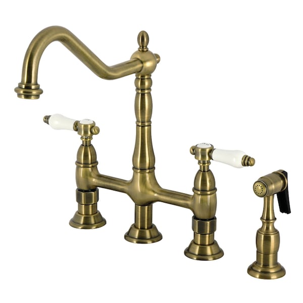 Kingston Brass Bridge Kitchen Faucet with Brass Sprayer, Antique Brass KS1273BPLBS - main