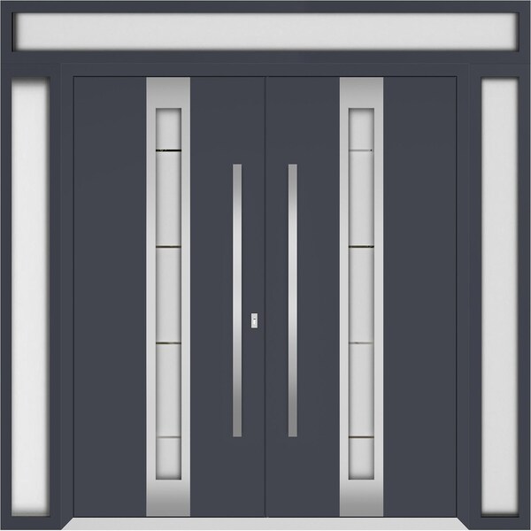 Vdomdoors Metal Double Doors Deux 1717 Gray Graphite Frosted Glass 2 Sidelights and Top Transom Entry Modern DEUX1717DEXD-GRE-W12+72+12xH96+16-RH-O - main