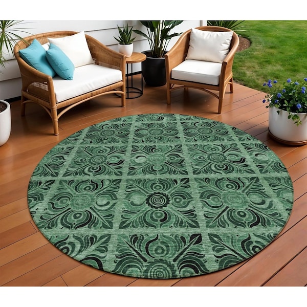 Homeroots 8' Fern Green And Charcoal Round Medallion Washable Indoor Outdoor Area Rug 589298 - main