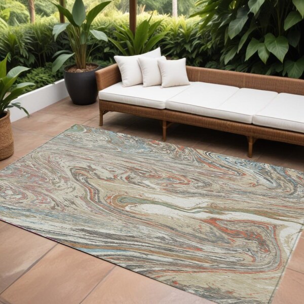 Homeroots 9' X 12' Beige Pink And Blue Abstract Washable Indoor Outdoor Area Rug 602615 - main