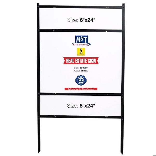 M&T Displays Real Estate Yard Sign, Open House Property Sign, Landscape 24x18 Inch 42 Tall Black Metal-5 Pack URESB0H224X9005 - main
