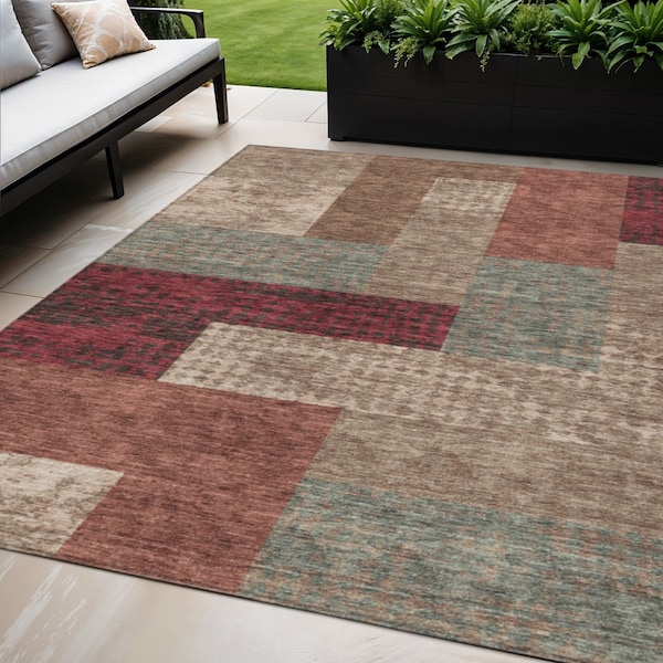 Homeroots 5' X 8' Brown And Terra Cotta Geometric Washable Indoor Outdoor Area Rug 612437 - main