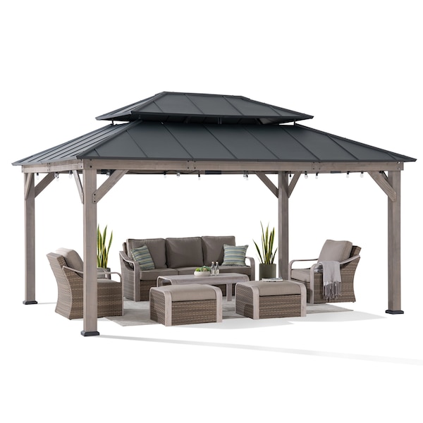 Sunjoy 12x16 ft. Wood Gazebo, Outdoor Patio Steel Hardtop Gazebo, Black A102032661 - main
