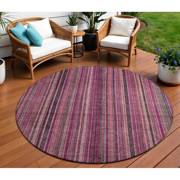 Homeroots 8' Pink Mauve And Blush Round Striped Washable Indoor Outdoor Area Rug 616378 - main