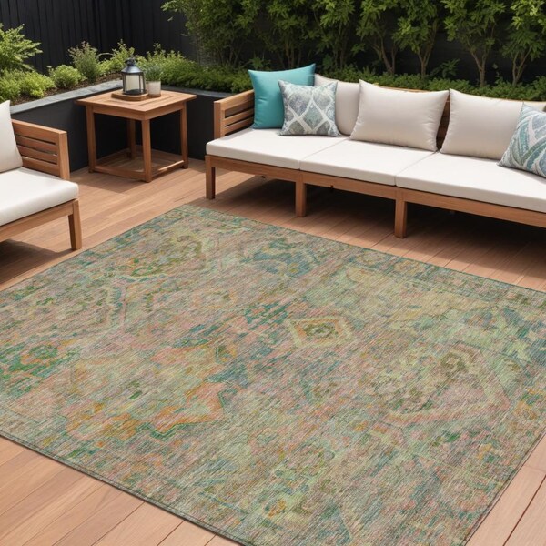 Homeroots 9' X 12' Green Teal Blue And Mauve Floral Medallion Washable Indoor Outdoor Area Rug 616620 - main