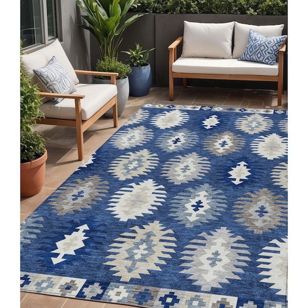 Homeroots 5' X 8' Navy Blue Ivory And Gray Southwestern Washable Indoor Outdoor Area Rug 615159 - main