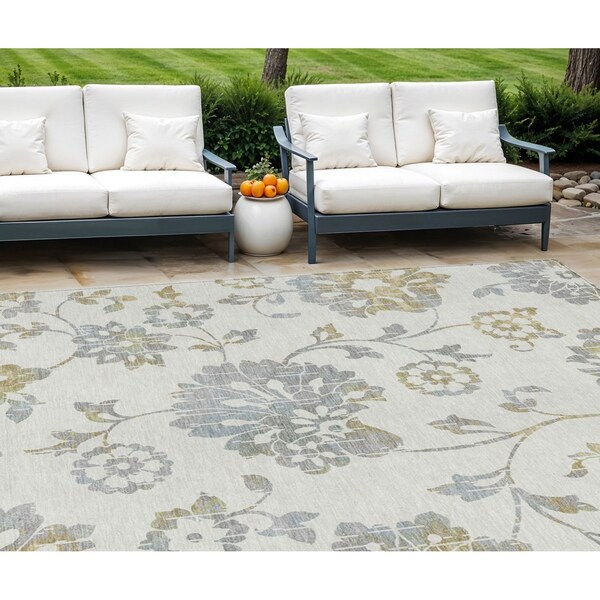 Homeroots 9' X 12' Ivory Gray And Gold Floral Washable Indoor Outdoor Area Rug 589480 - main