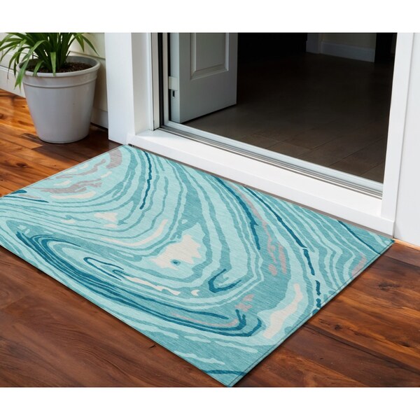 Homeroots 3' X 5' Turquoise Teal Blue And Gray Abstract Washable Indoor Outdoor Area Rug 601308 - main