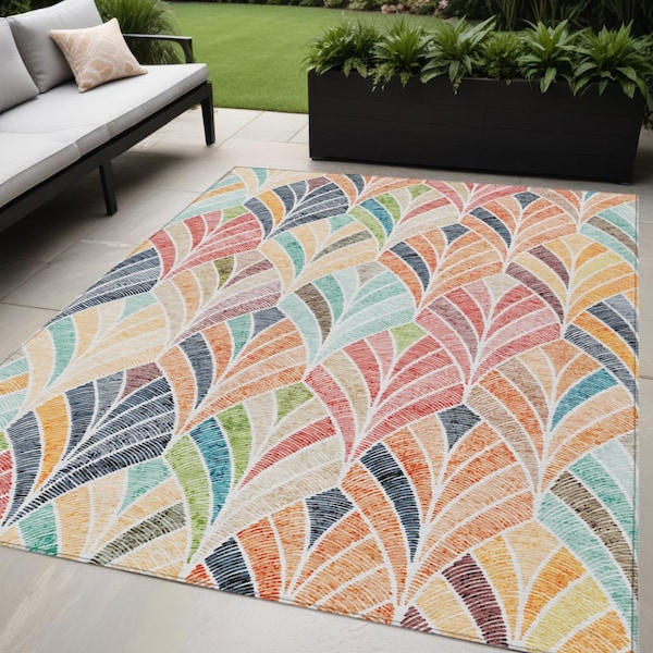 Homeroots 5' X 8' Orange Copper And Gold Geometric Washable Indoor Outdoor Area Rug 589237 - main