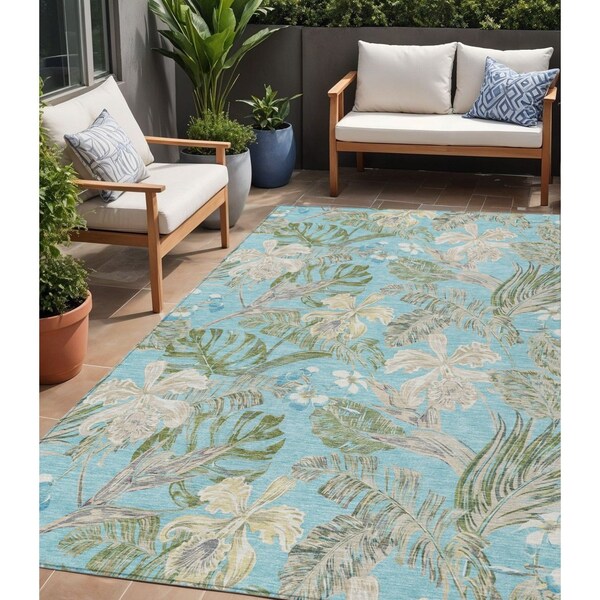 Homeroots 5' X 8' Teal Blue Olive Green And Beige Botanical Leaves Washable Indoor Outdoor Area Rug 618413 - main