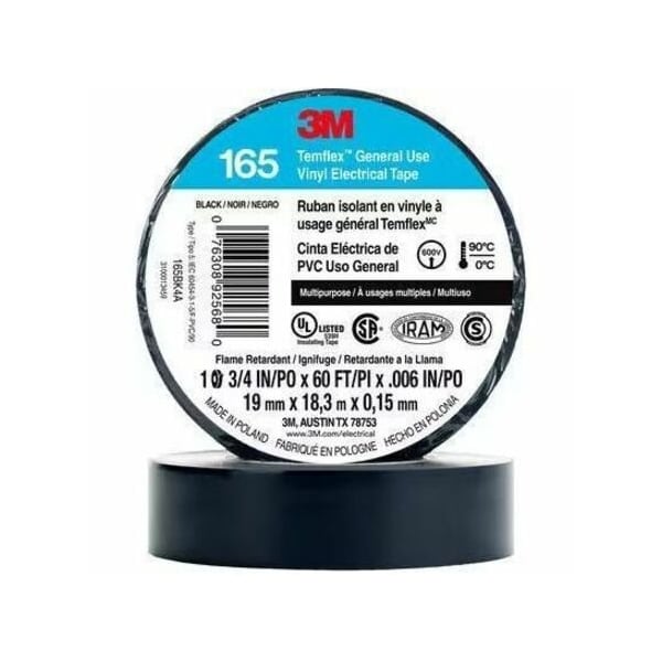3M Vinyl Electrical Tape, 165 Temflex, 3/4 in W x 60 ft L, 6 mil Thick, Black 165BK4A - main