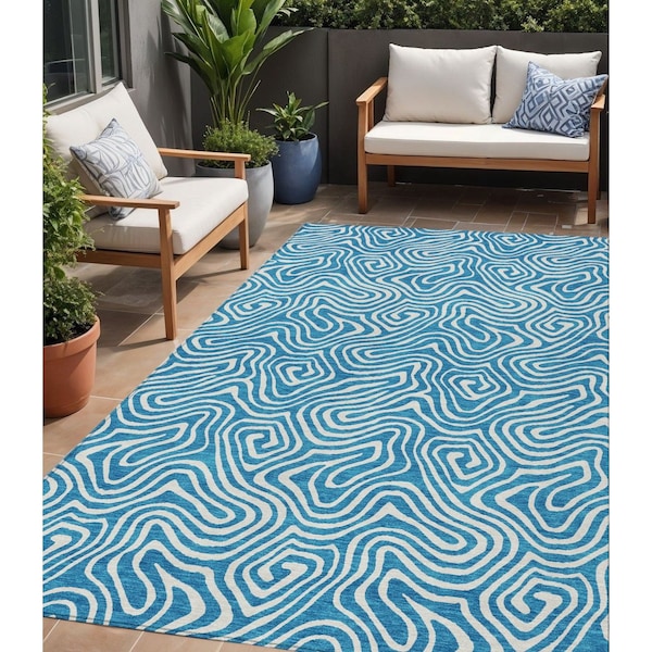 Homeroots 5' X 8' Teal Blue And Ivory Abstract Washable Indoor Outdoor Area Rug 599761 - main