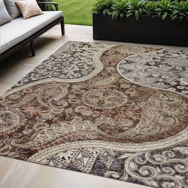 Homeroots 3' X 5' Brown Beige And Tan Floral Medallion Washable Indoor Outdoor Area Rug 603173 - main