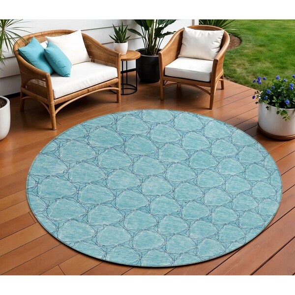 Homeroots 8' Teal Blue And Navy Blue Round Geometric Washable Indoor Outdoor Area Rug 613592 - main