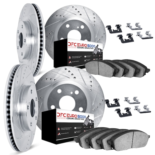 Dynamic Friction Co DFC Rotors-Drilled & Slotted-Silver w/ EURO 5000 Ceramic Brake Pads Incl Hdw 7614-67004 - main