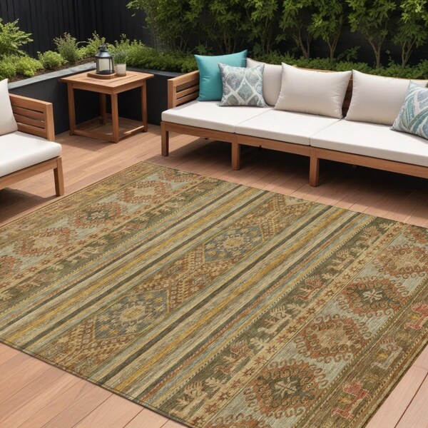 Homeroots 9' X 12' Beige Taupe And Gold Tribal Washable Indoor Outdoor Area Rug 615396 - main