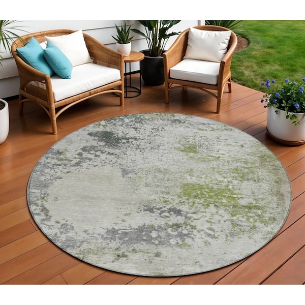 Homeroots 8' Linen Fern Green And Beige Round Abstract Washable Indoor Outdoor Area Rug 630797 - main
