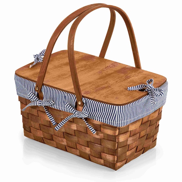 Picnic Time Family Of Brands Kansas Handwoven Wood Picnic Basket, Navy Blue & White Stripe 350-01-211-000-0 - main