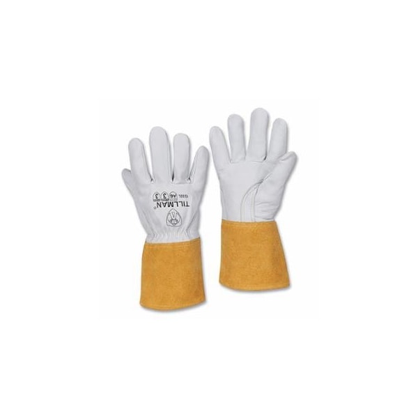 Tillman TIG Welding Gloves, 1332, Top Gr Goatskin Palm/BOH/Cuff, Lg, Pearl/Bourbon Brn, 4 in L Shirred Cuff 724-1332L - main