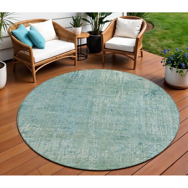 Homeroots 8' Teal Blue And Ivory Round Abstract Washable Indoor Outdoor Area Rug 631073 - main