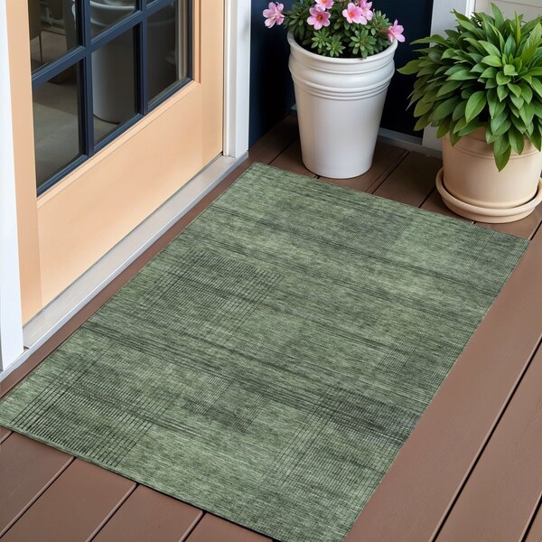 Homeroots 3' X 5' Olive Green And Gray Striped Washable Indoor Outdoor Area Rug 588106 - main