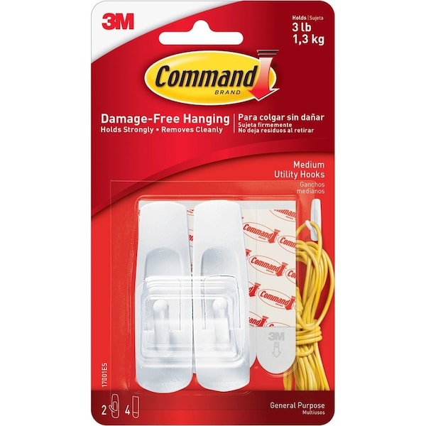 Command Utility Hook, 3 lb, 2Hook, Plastic, White 17001 - main