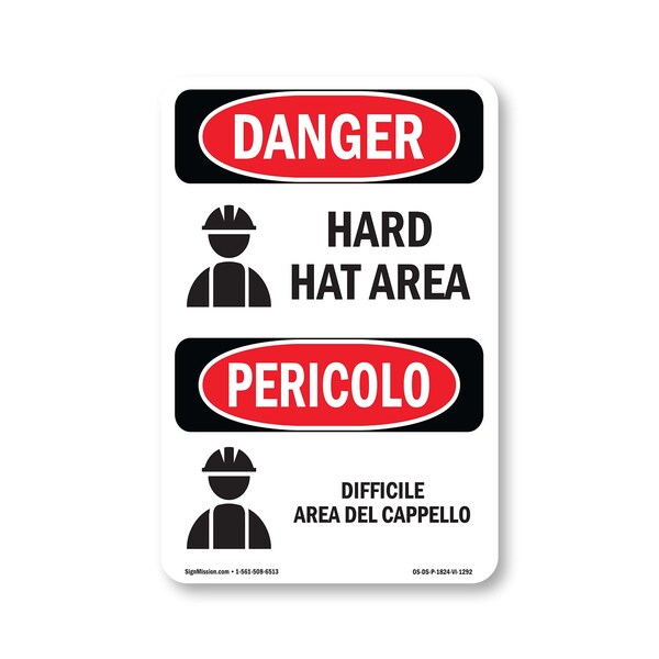 Signmission OSHA Danger Sign, Hard Hat Area Bilingual, 24in X 18in Rigid Plastic, OS-DS-P-1824-VI-1292 OS-DS-P-1824-VI-1292 - main