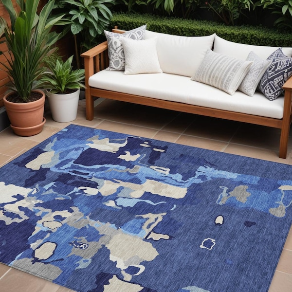 Homeroots 9' X 12' Navy Blue Ivory And Gray Abstract Washable Indoor Outdoor Area Rug 599590 - main