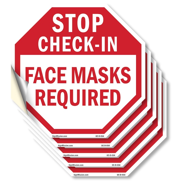 Signmission Stop Check-in Face Masks Required, 4 inch X 4 inch, Vinyl Decal, 5PK OC-D-5PACK-4-54 - main