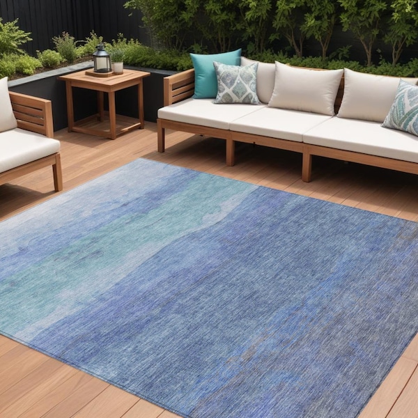 Homeroots 10' X 14' Blue Teal Blue And Sky Blue Abstract Washable Indoor Outdoor Area Rug 618141 - main