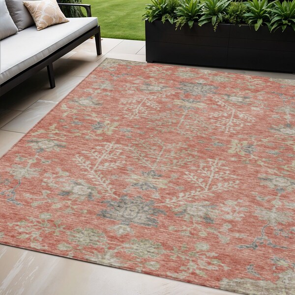 Homeroots 5' X 8' Coral Charcoal And Gray Floral Washable Indoor Outdoor Area Rug 605468 - main