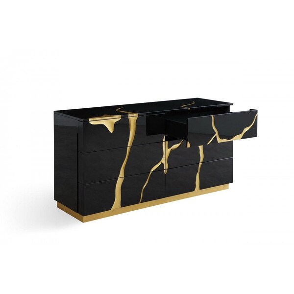 Homeroots 59" Black And Gold Solid and Manufactured Wood Six Drawer Double Dresser 490818 - main