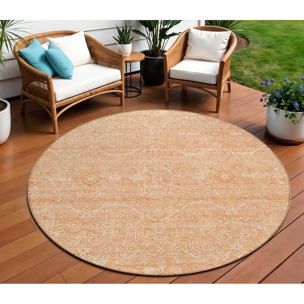 Homeroots 8' Salmon Round Floral Washable Indoor Outdoor Area Rug 607382 - main