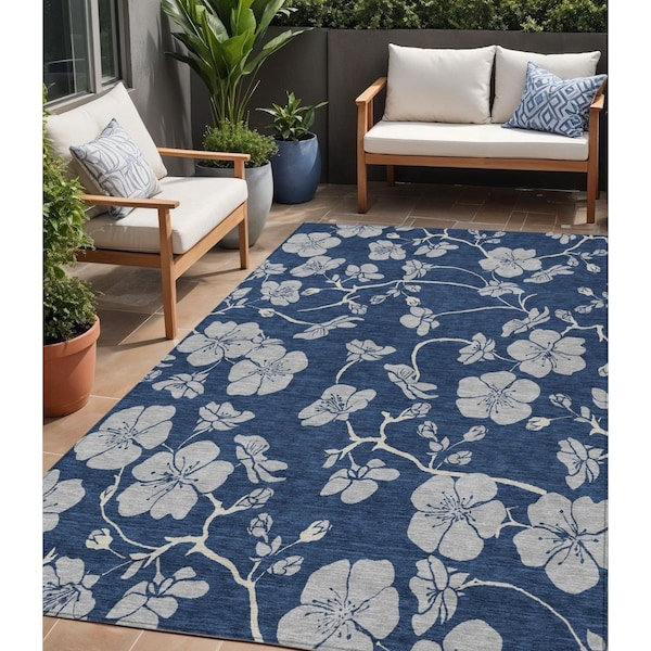 Homeroots 5' X 8' Navy Blue And Gray Floral Washable Indoor Outdoor Area Rug 600025 - main