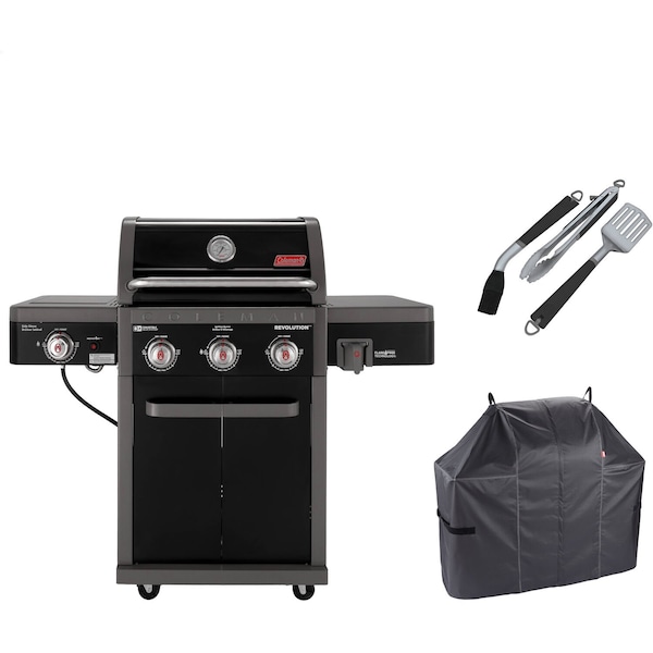 Coleman Revolution Grilling Kit with 3-Burner Propane Gas BBQ Grill, Heavy-Duty Cover, and 3-Piece Tool Set RV-301BBQ-3-KIT - main