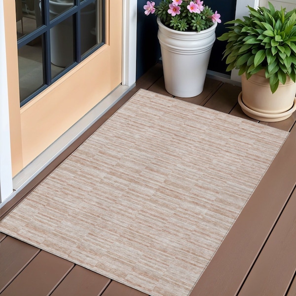Homeroots 3' X 5' Salmon Copper And Beige Striped Washable Indoor Outdoor Area Rug 587968 - main
