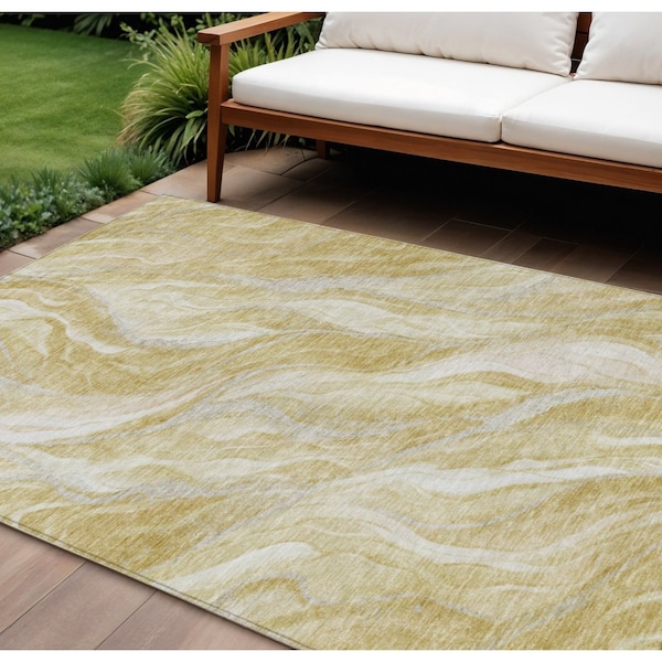 Homeroots 10' X 14' Gold Beige And Ivory Abstract Washable Indoor Outdoor Area Rug 582991 - main