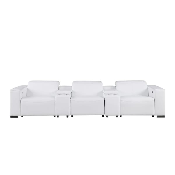 Homeroots 136" White Top Grain Leather Reclining USB Sofa And Storage 720316 - main